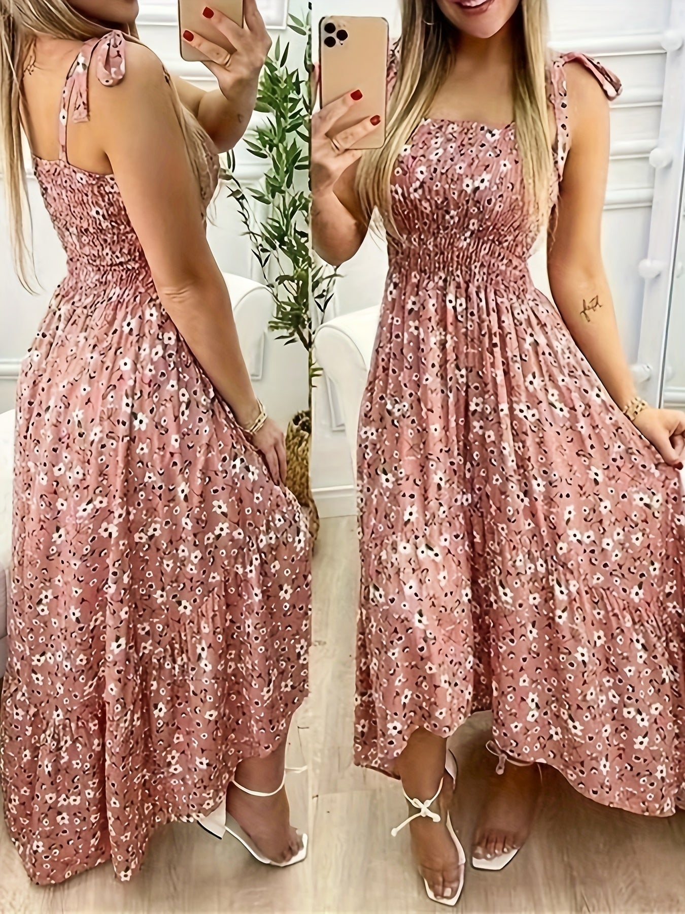 Elegant Floral Print Sleeveless Maxi Dress for Women - Ruffled Shoulder Straps, Cinched Waist, Lightweight Polyester, Perfect for Summer Outings